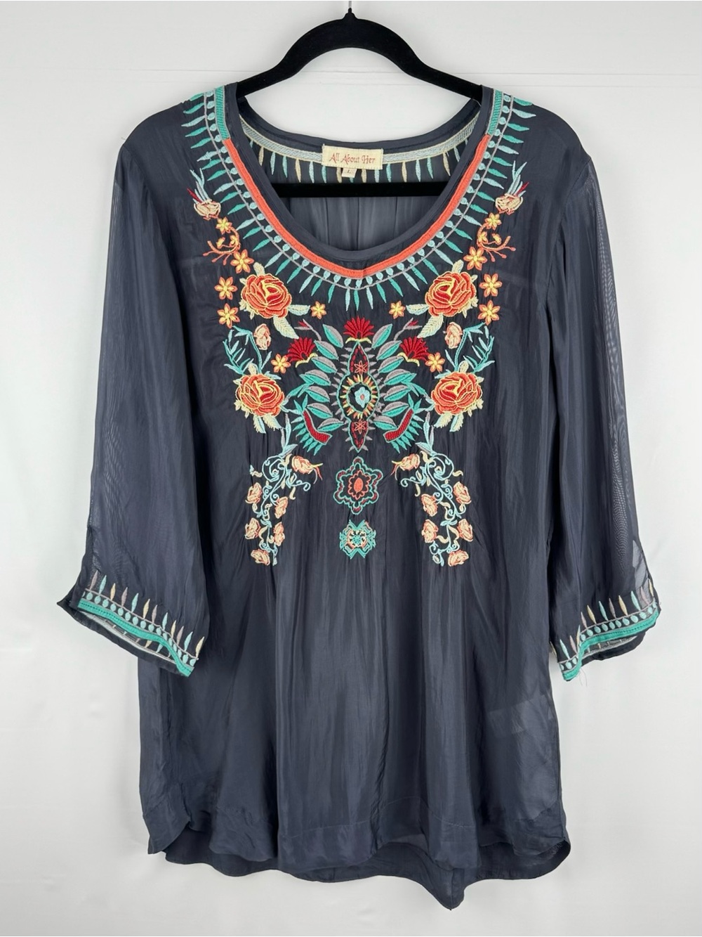 Floral Embroidered Blue Sheer Tunic Top - Johnny Was Style